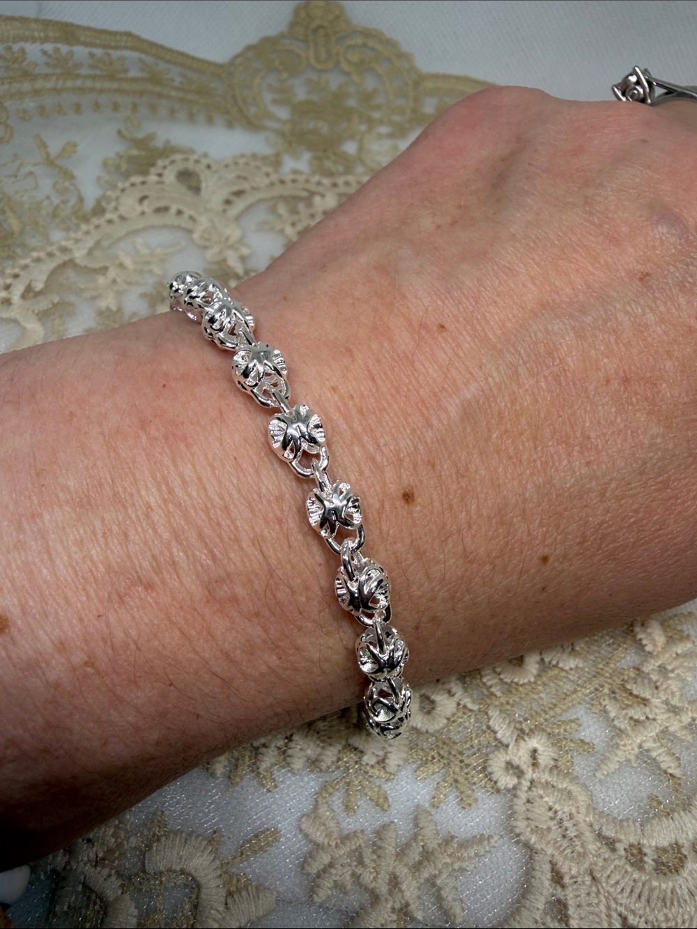 925 Sterling Silver Geometric Heart Link Bracelet Adjustable S-Hook Closure